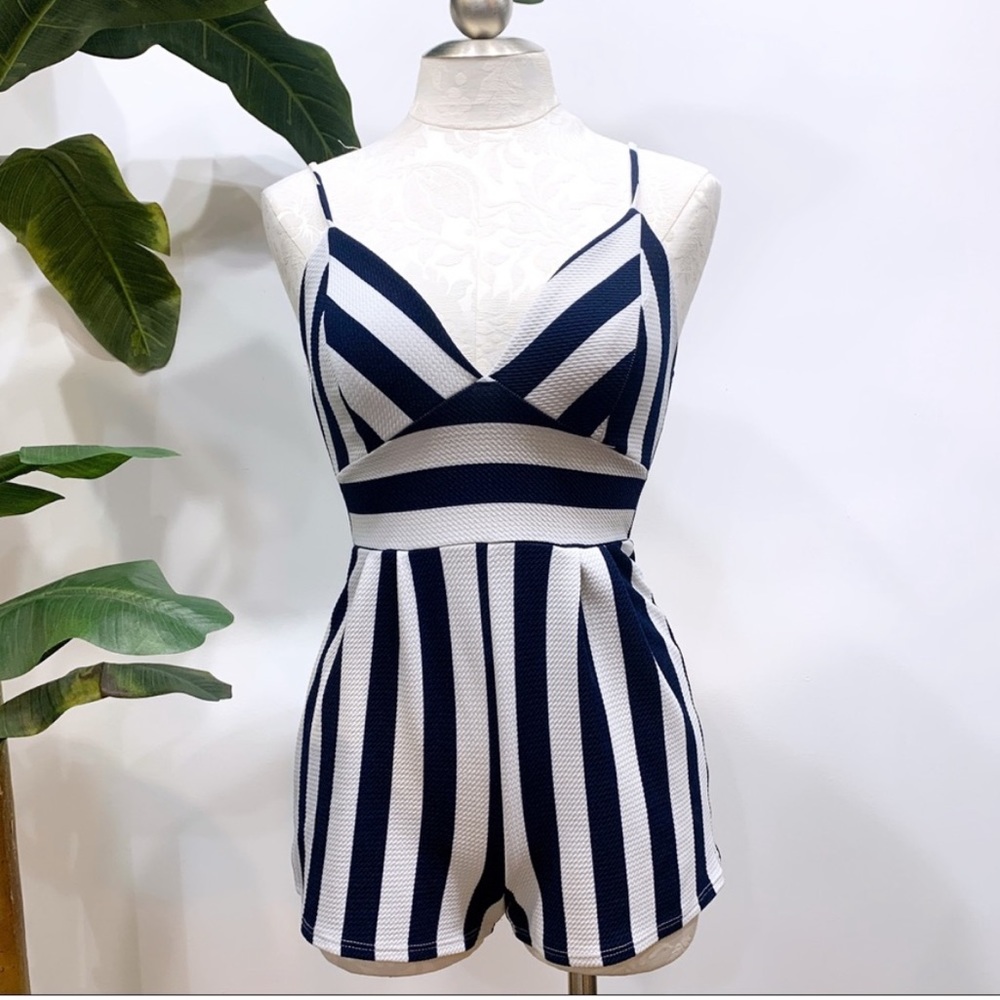 Charlotte Russe Navy Blue Striped Romper S